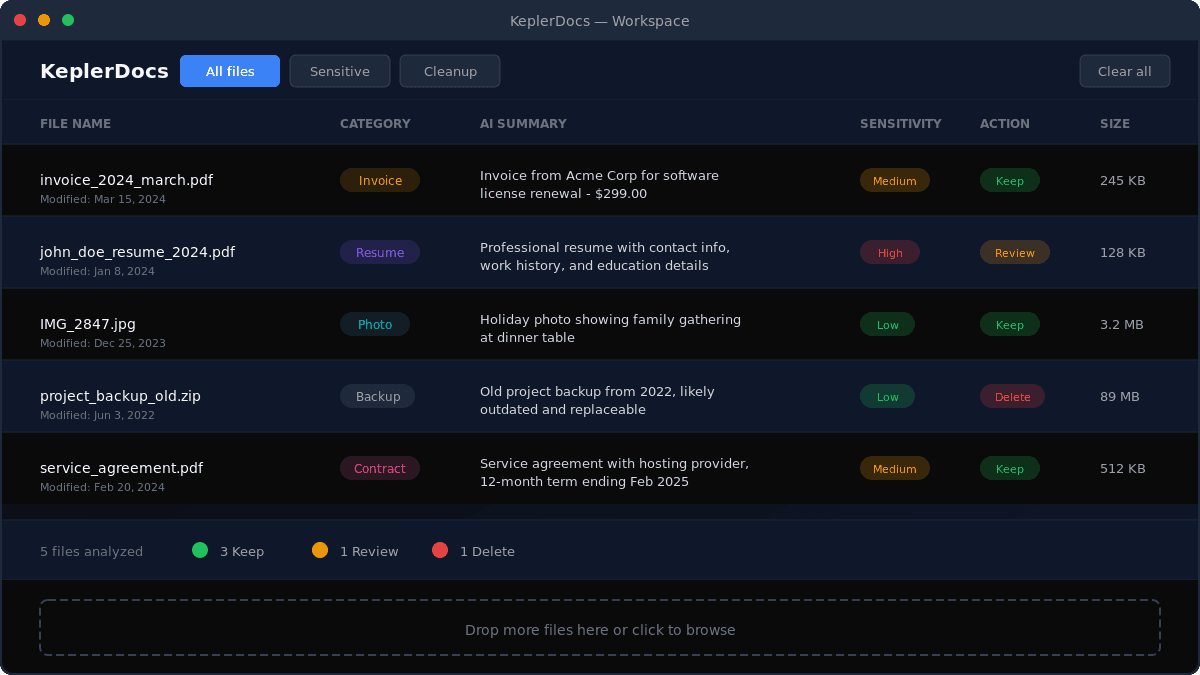 KeplerDocs workspace showing file analysis with AI-powered insights, sensitivity detection, and cleanup suggestions